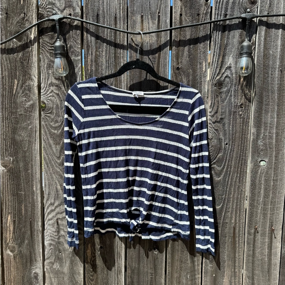Splendid Navy Blue and White Striped Long Sleeve Scoop Neck Tie Front Top small
